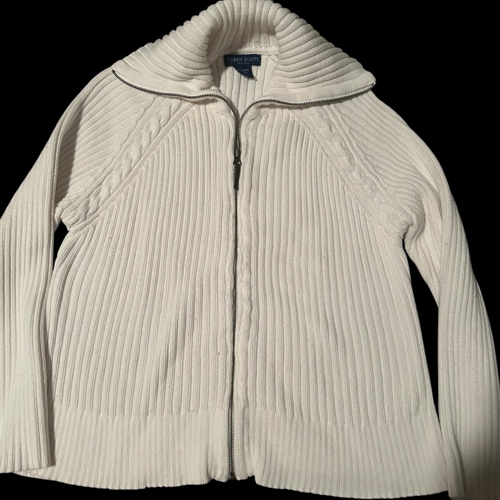 Karen Scott White Ribbed Zip-Up Sweater
